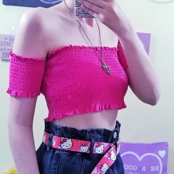 Zara Trafaluc Bright Pink Off Shoulder Ruched Cap Sleeve Crop Top - Picture 1 of 7